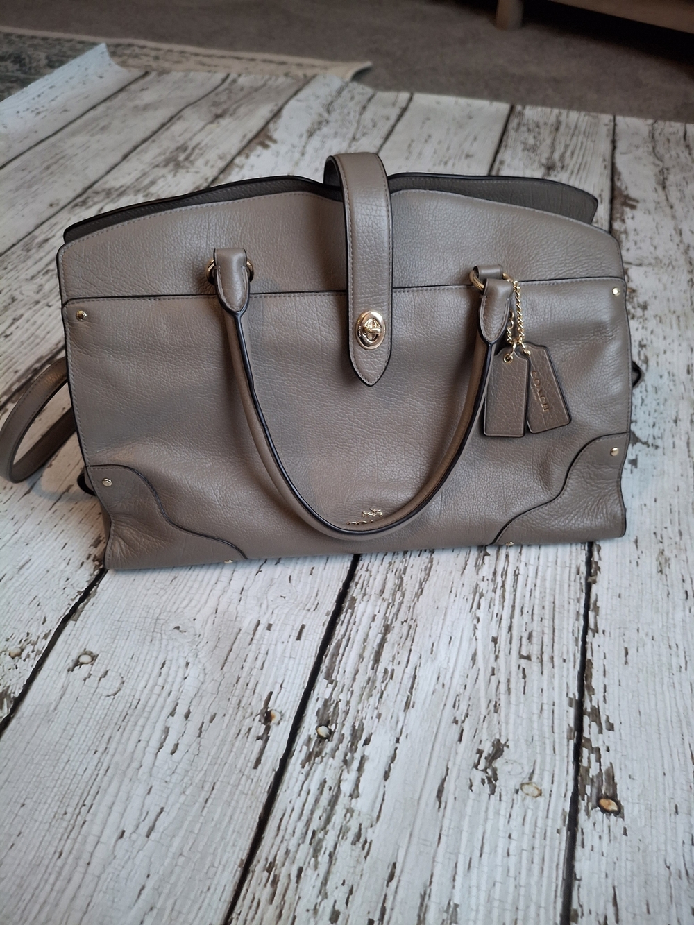 Coach Grey Taupe Pebbled Leather Satchel with Gold Hardware